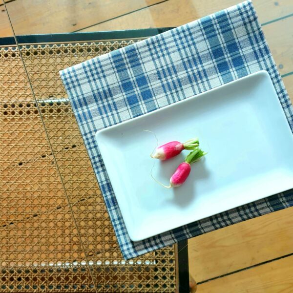 Deux radis dans une assiette carrée blanche et serviette de table en tissu kelsch bleu et blanc