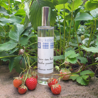 Flacon de parfum d'ambiance naturel bleu kelsch dans les fraises